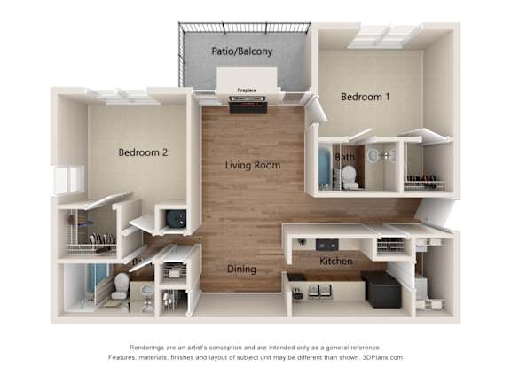A 3D floor plan of a small apartment with two bedrooms, a living room, a kitchen, and a dining area.