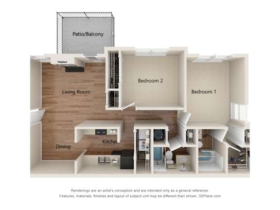 A 3D floor plan of a home with a living room, dining area, kitchen, and two bedrooms.