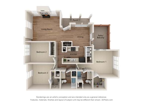 A 3D floor plan of a house with a living room, dining room, kitchen, and three bedrooms.