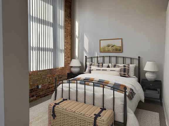 A bedroom with a large bed and a painting on the wall.