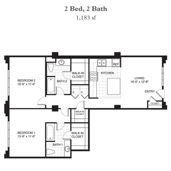 a floor plan of a 2 bed 2 bath floor plan with bedrooms and baths