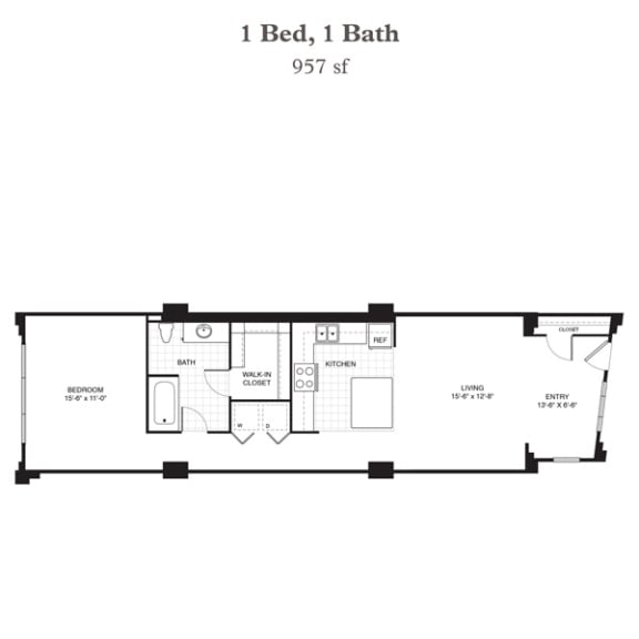 the floor plan of 1 bed 1 bath