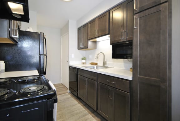 The Maxwell apartment home kitchen with dark cabinetry