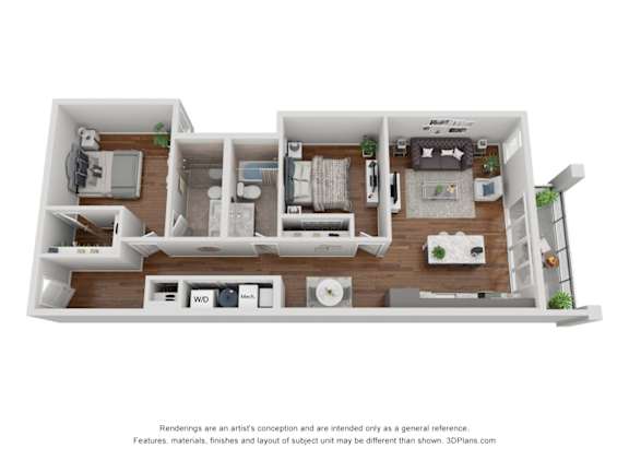 A 3D floor plan of a house with a kitchen, living room, and two bedrooms.