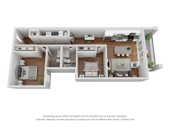 A 3D floor plan of a house with a kitchen, living room, and two bedrooms.