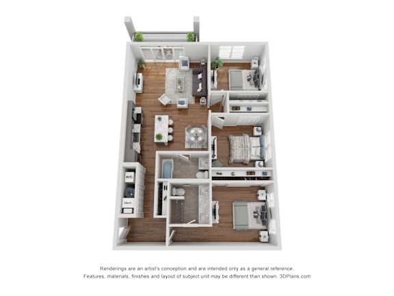 A 3D floor plan of a house with a kitchen, living room, and bedrooms.
