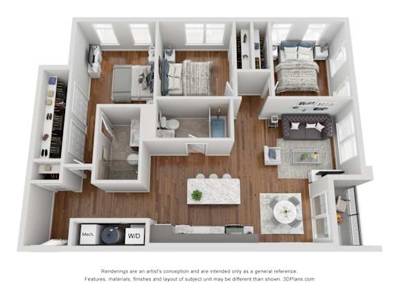 A 3D floor plan of a house with a kitchen, living room, and bathroom.