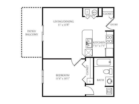 A floor plan of a home with a living room, kitchen, bathroom and bedroom.