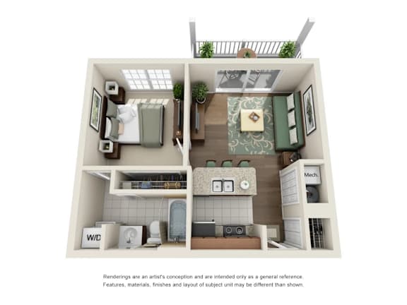 A 3D rendered image of a small apartment layout.