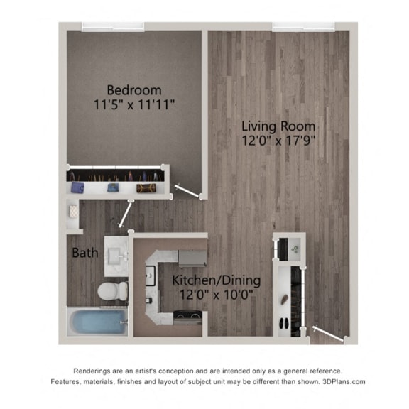 Willow Crossing's Clover floor plan of a one bedroom apartment in Elk Grove Village