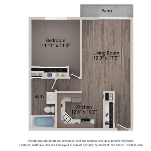 Willow Crossing's Lily floor plan of a one bedroom apartment in Elk Grove Village