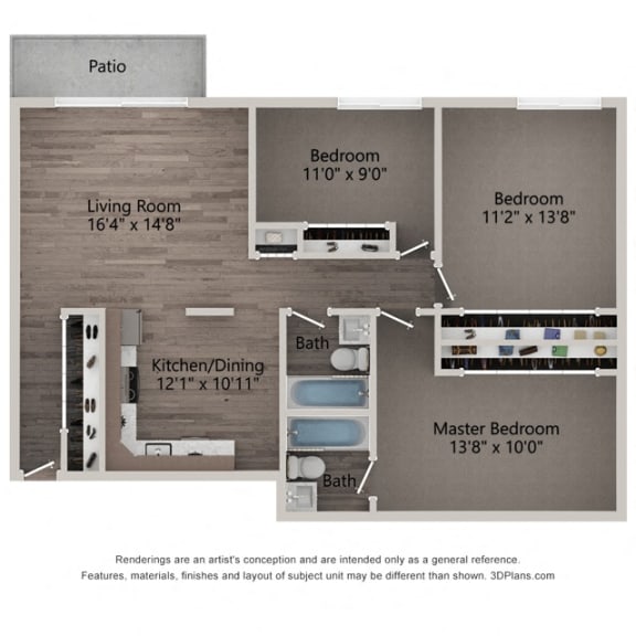 Willow Crossing's Primrose three bedroom apartment floor plan