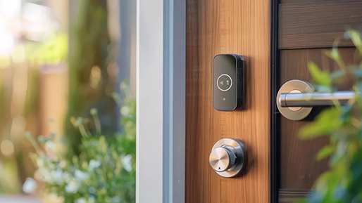 A smart doorbell mounted on a wooden door.
