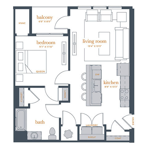 A floor plan of a home showing a bedroom, living room, kitchen, and bathroom.
