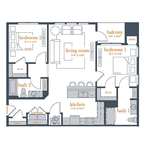 A floor plan of a home with two bedrooms, a living room, a kitchen, a bathroom, a laundry room, a coat area, and a shelf.