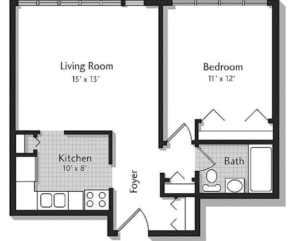 A floor plan of a small apartment with a living room, bedroom, kitchen, and bathroom.