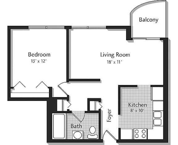 A black and white image of a floor plan for a small apartment.