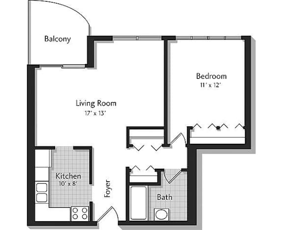 A black and white image of a house floor plan with a balcony, living room, kitchen, foyer, bath, and bedroom.