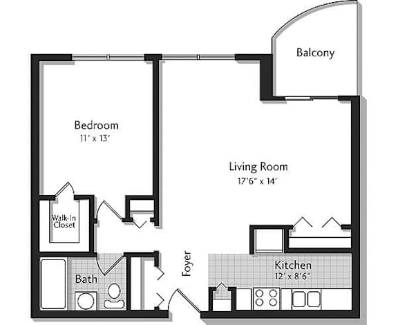 A black and white image of a house floor plan with a balcony, bedroom, living room, kitchen, bathroom, and foyer.