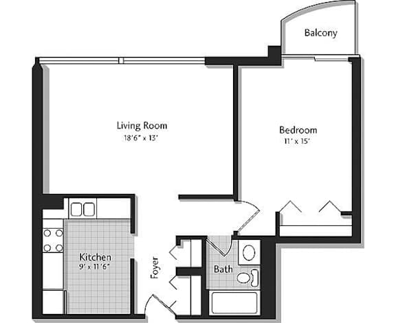 A black and white image of a house floor plan with a living room, kitchen, bathroom, and bedroom.