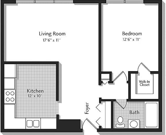 A black and white image of a floor plan for a small apartment.