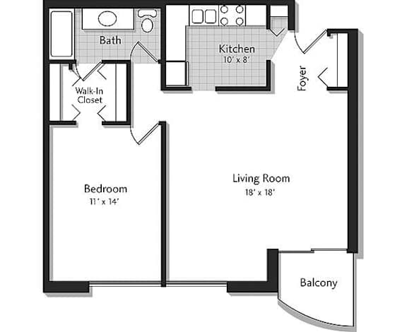 A floor plan of a small apartment with a living room, bedroom, kitchen, and bathroom.