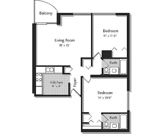 A black and white image of a floor plan for a two bedroom apartment.