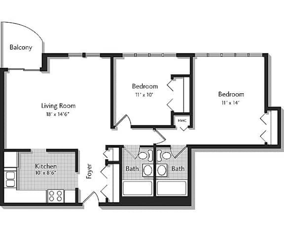 A floor plan of a house with a living room, two bedrooms, a kitchen, a foyer, and a balcony.