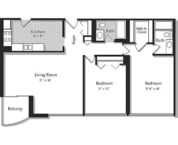 A black and white image of a floor plan for a house with a kitchen, living room, two bathrooms, a foyer, a walk-in closet, and a balcony.