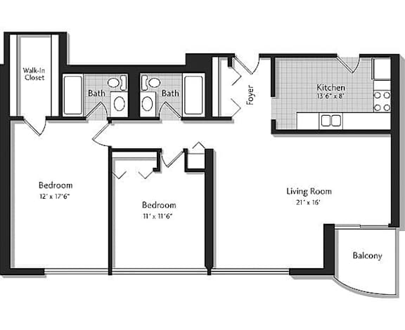 A floor plan of a house with a living room, two bedrooms, a kitchen, a bathroom, a foyer, and a balcony.