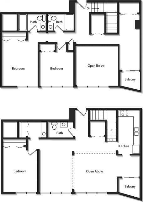 A floor plan of a two-story house with two bedrooms, two bathrooms, a kitchen, and a balcony.
