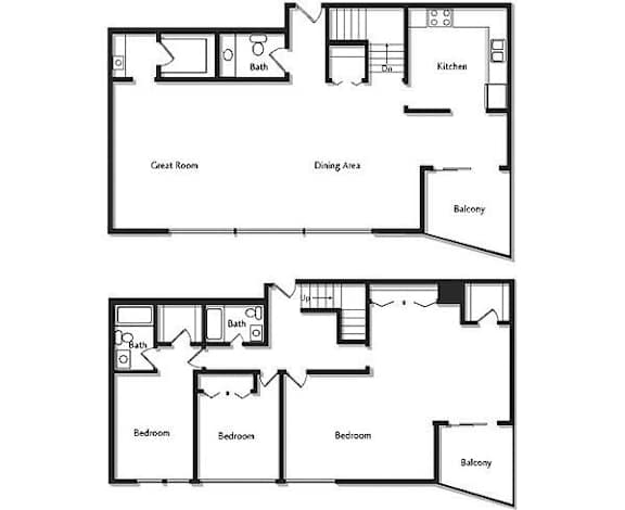 A floor plan of a house with two bedrooms, a great room, a dining area, a kitchen, a bath, and a balcony.