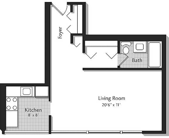 A floor plan of a small apartment with a kitchen, living room, and bathroom.