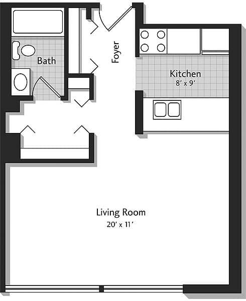 A floor plan of a small apartment with a living room, kitchen, and bathroom.