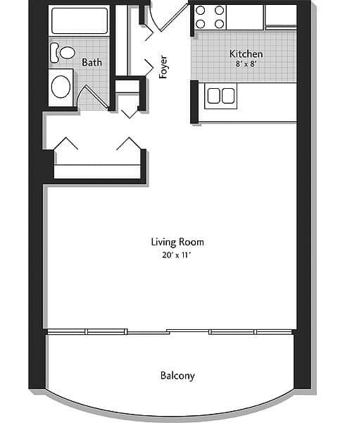 A floor plan of a house with a living room, kitchen, bathroom and foyer.