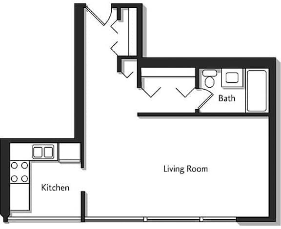 A floor plan of a living room and kitchen.