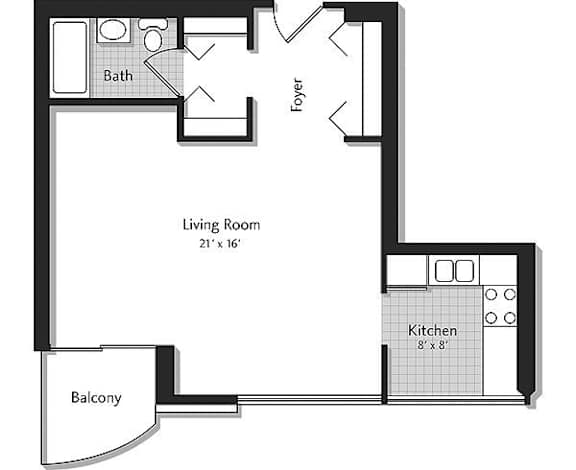A floor plan of a small apartment with a living room, kitchen, bathroom, and balcony.