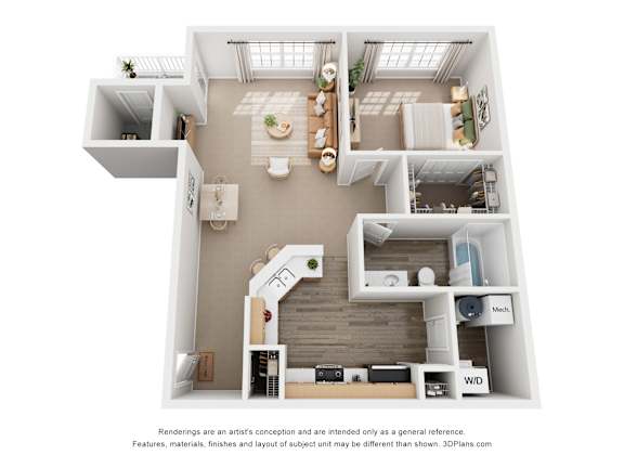 A 3D floor plan of a house with labeled rooms.