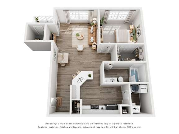 A 3D floor plan of a house with labeled rooms.
