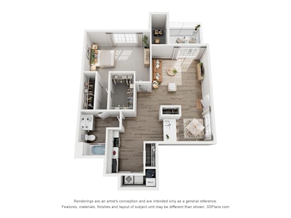 A 3D floor plan of a house with a kitchen, living room, and bathroom.