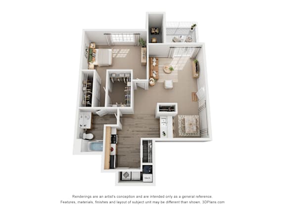 A 3D floor plan of a house with a kitchen, living room, and bathroom.