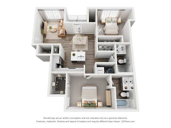 A floor plan of a two-story apartment with a living room, kitchen, and bedrooms.