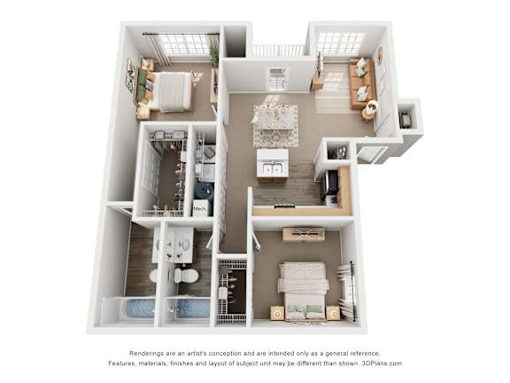 A 3D floor plan of a house with a kitchen, living room, and two bedrooms.