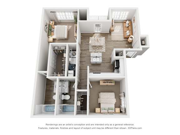 A 3D floor plan of a house with a kitchen, living room, and two bedrooms.