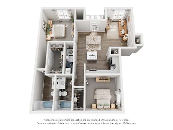 A 3D floor plan of a house with a kitchen, living room, dining room, and two bedrooms.