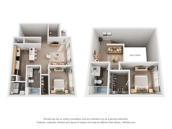 Two images of a small apartment layout with a kitchen, living room, and bathroom.
