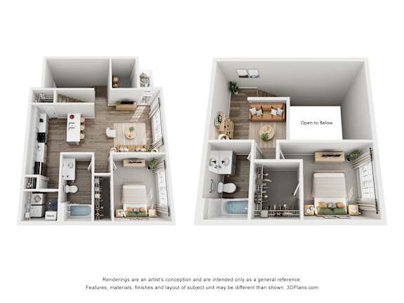 Two images of a floor plan for a house with a kitchen, living room, and bathroom.