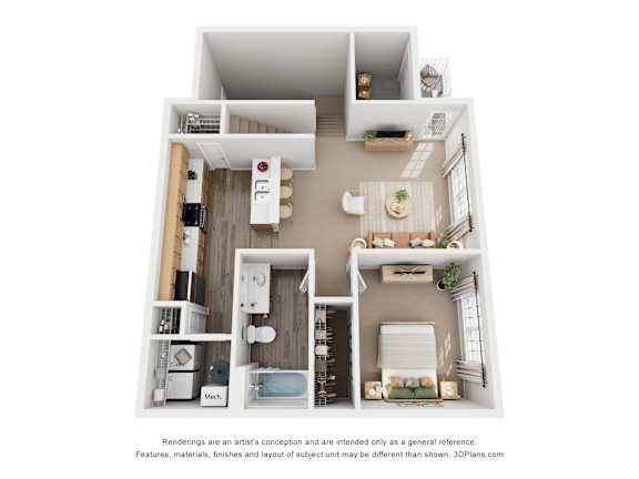 A 3D floor plan of a small apartment with a kitchen, living room, and bathroom.