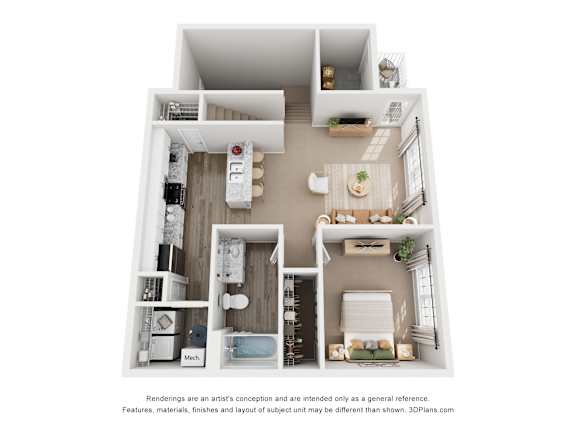 A 3D floor plan of a small apartment with a kitchen, living room, and bathroom.