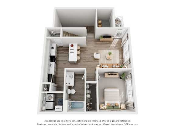A 3D floor plan of a small apartment with a kitchen, living room, and bathroom.